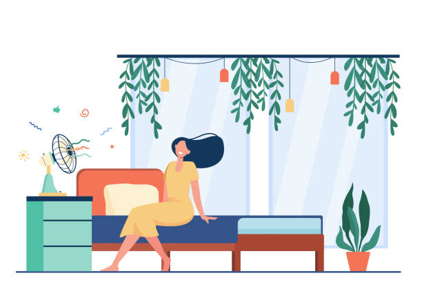 szczęśliwa kobieta z latające włosy siedzi na wentylator powietrza - air air conditioner electric fan condition stock illustrations