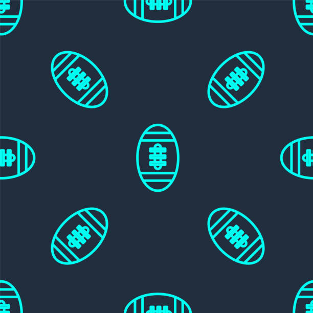 ilustraciones, imágenes clip art, dibujos animados e iconos de stock de línea verde icono de bola de fútbol americano aislado patrón sin costuras en el fondo azul. icono de la pelota de rugby. símbolo del juego deportivo de equipo. vector - football outline lace vector