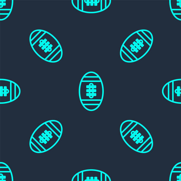 緑のラインアメリカンフットボールボールアイコンは、青の背景にシームレスなパターンを分離しました。ラグビーボールアイコン。チームスポーツゲームのシンボル。ベクトル - football outline lace vector点のイラスト素材／クリップアート素材／マンガ素材／アイコン素材