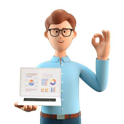 3D illustration of smiling man with ok gesture showing business charts at screen laptop computer. Cartoon businessman with okay sign, working in office and analysing infographic, isolated on white.