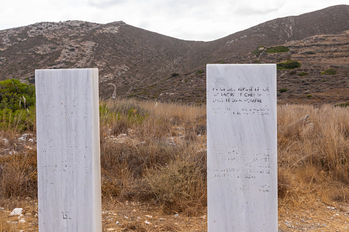 Ios Island, Greece- 20 September 2020: The white tomb of Homer. A legend tells that this famous poet was buried here.