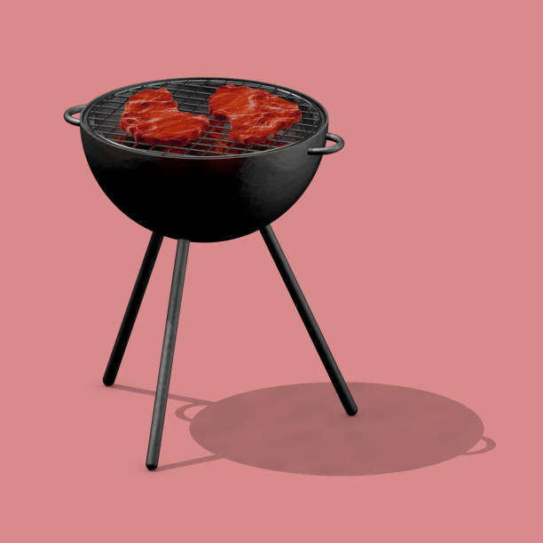 Grill on a pink background with two juicy steaks. 3D illustration, 3D rendering.