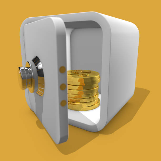 Open safe on a yellow background with coins inside. The accumulation of interest. 3D illustration, 3D rendering.