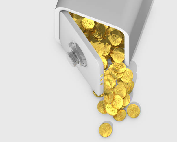 istock Safe with an open door from which coins with percent pour out. 3D illustration, 3D rendering. 1285084915