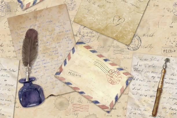 istock Background in vintage style with hand written letters, post stamps, envelopes, fountain pens, feathers. 1285085386