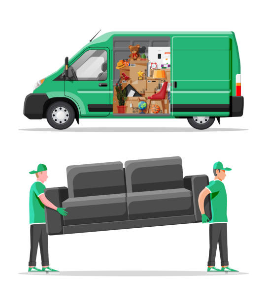 lieferwagen voll von home-sachen innen. - truck moving van moving house box stock-grafiken, -clipart, -cartoons und -symbole