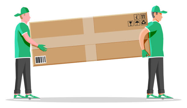 Two workers mover man carrying cardboard box. Two workers mover man holding and carrying cardboard box. Courier character holds parcel in hands. Carton delivery packaging box with fragile signs. Free and fast shipping. Flat vector illustration big cardboard box stock illustrations