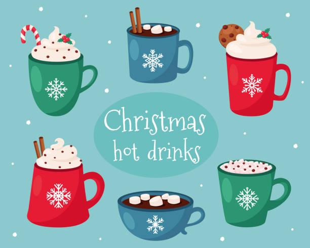 ilustrações, clipart, desenhos animados e ícones de feliz cartão de natal. coleção de bebidas quentes de natal. ilustração vetorial. - hot chocolate