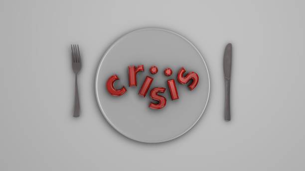 istock Crisis on a plate with a fork and knife. 3D illustration, 3D rendering. 1285086727