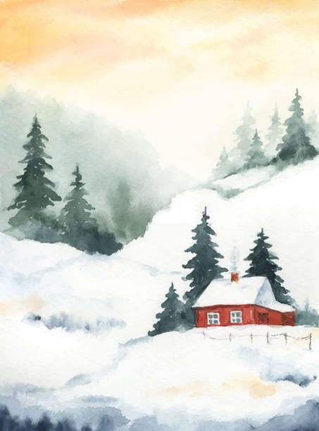 ilustrações, clipart, desenhos animados e ícones de cartão de natal vetorial de aquarela com paisagem de inverno e casa. ilustração pintada à mão para saudar cartão postal floral e convites isolados em fundo branco. - christmas winter retro revival landscape