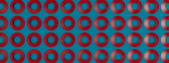 Red volumetric rings on a blue background. Abstract background. 3D illustration, 3D rendering.