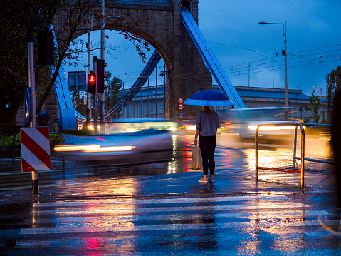 woman with umbrella on a rainy evening on crosswalk