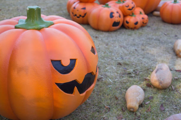 istock Halloween scary pumpkin with a smile in autumn park. 1285093190