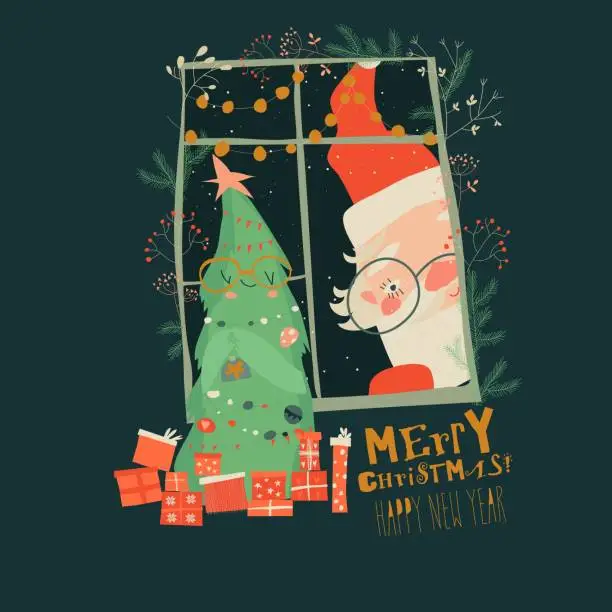 Vector illustration of Cartoon Santa Claus look through the window