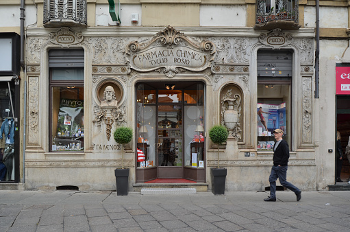 Turin, Italy, April 18, 2014 - Traditional Chemical Pharmacy Tullio Bosio, Via Giuseppe Garibaldi, Turin