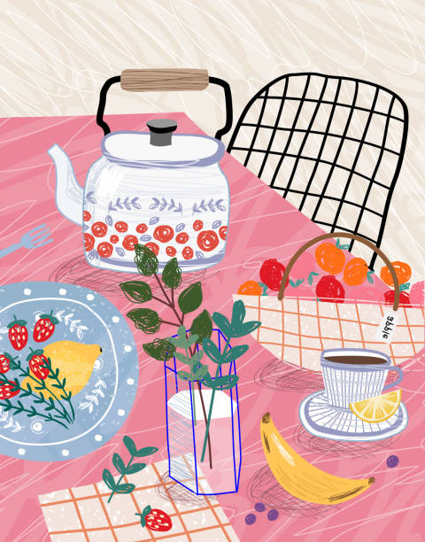 illustrations, cliparts, dessins animés et icônes de la nature morte. illustration vectorielle d’une table avec une vue supérieure : théière, vase, banane, café, panier avec des pommes, nappe, chaise - banane vu de dessus nappe