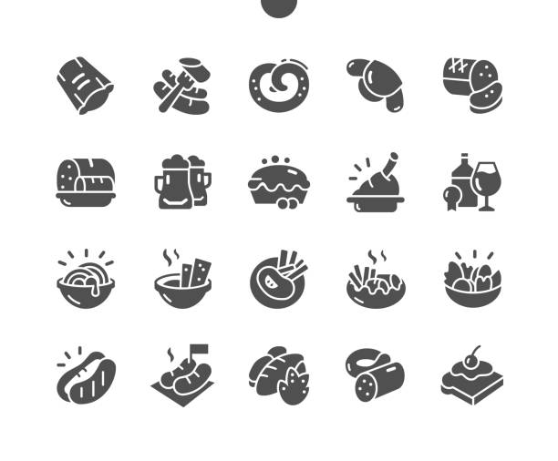 ilustraciones, imágenes clip art, dibujos animados e iconos de stock de cocina tradicional alemana. cerveza, pretzels y diversas especialidades bávaras. menú para restaurante y cafetería. iconos sólidos vectoriales. pictograma simple - lunch sausage breakfast bratwurst