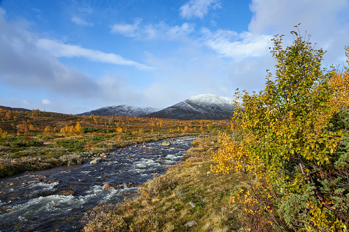 Bulidalen mountain area with autumn colors and river.