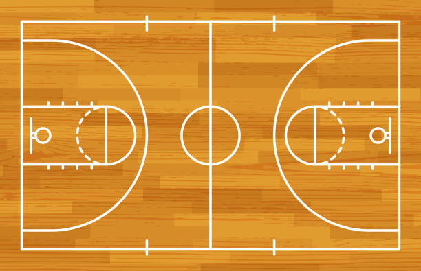 illustrazioni stock, clip art, cartoni animati e icone di tendenza di pallacanestro fireld con marcature e texture in legno. vettore - school gymnasium illustrations