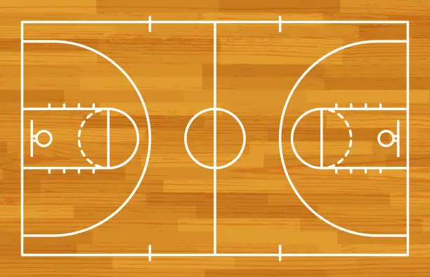 Vector illustration of Basketball fireld with markings and wood texture. Vector