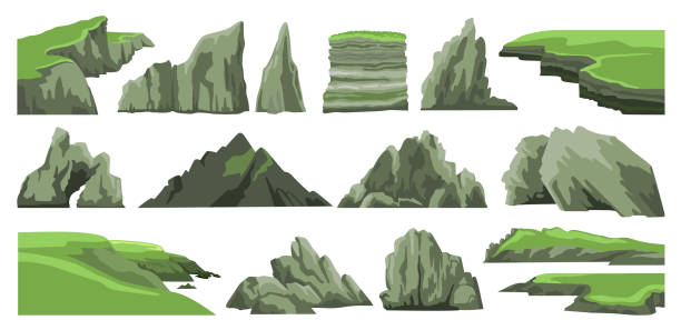 岩、丘、崖、山々のピークと白い背景に隔離石のセット。 - 崖点のイラスト素材／クリップアート素材／マンガ素材／アイコン素材