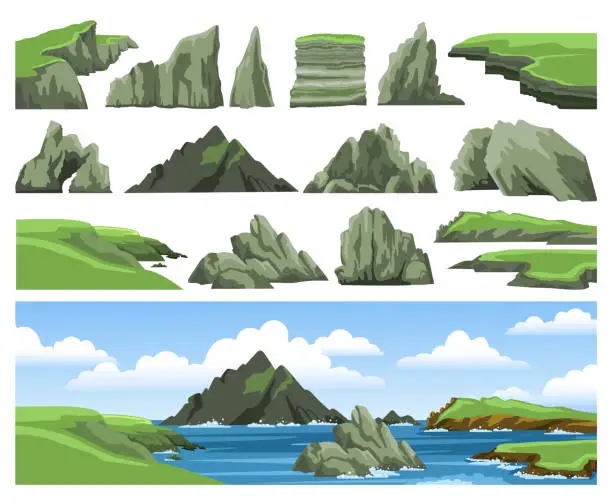 Vector illustration of Set of sea landscape elements. Mountains, rocks, cliffs, stones and blue sky with clouds.