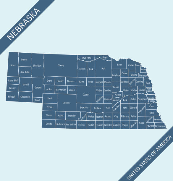 Nebraska county map Highly detailed map of Nebraska counties state of United States of America for web banner, mobile, smartphone, iPhone, iPad applications and educational use. The map is accurately prepared by a map expert. kearney county stock illustrations