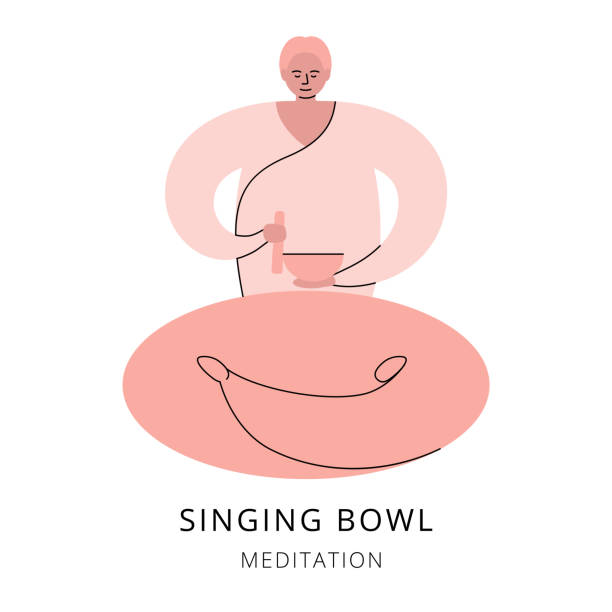 You Man is sitting and meditating with a tibetan singing bowl. Ayuverda, meditation and relaxation. Vector flat illustration tibetan ethnicity stock illustrations