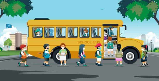 학교 버스 보호 covid-19 - bus child waiting education stock illustrations