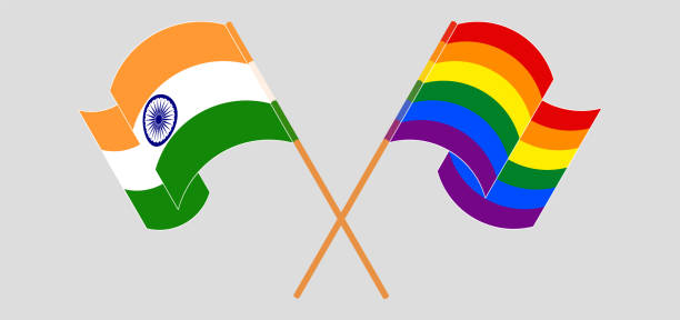 illustrazioni stock, clip art, cartoni animati e icone di tendenza di incrociate e sventolando bandiere dell'india e lgbtq - hindustani