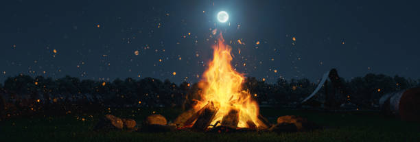 istock 3d rendering of big bonfire with sparks and particles in front of forest and moonlight 1285111395