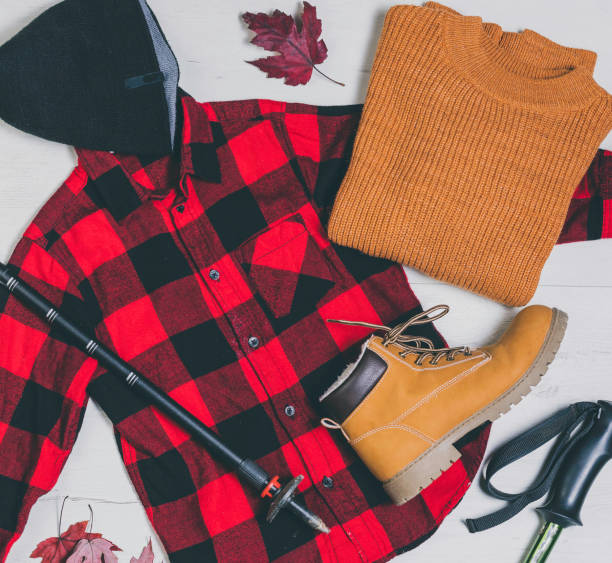 Still life of hiking clothes and accessories stock photo