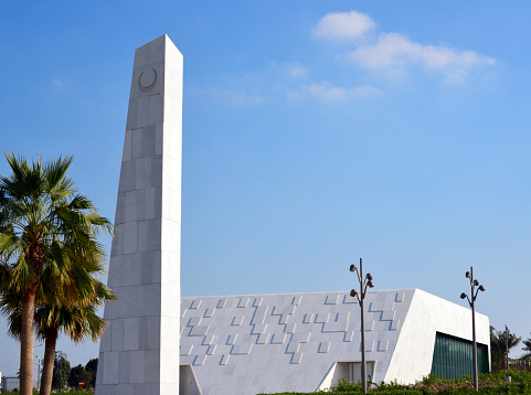 Dhahran, Eastern Province, Saudi Arabia: the white marble of Ithra Mosque, located where the first commercial Saudi oilfield was found, Dhahran is a major center for the Saudi oil industry, near the King Abdulaziz Center.