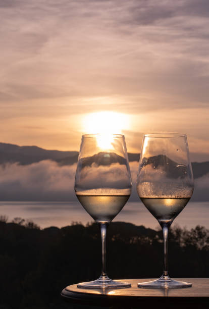istock Two glasses of white Wine on a panoramic rooftop 1285118553