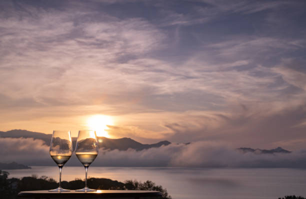 istock Two glasses of white Wine on a panoramic rooftop 1285118716