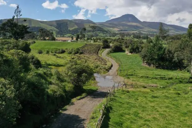 A small dirtroad that is running through two meadows with lush green grass separeted by a fence of wooden pools covered by a puddle with mountains in the background