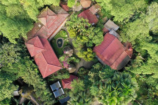 ジャングルに位置し、緑豊かな葉に囲まれた熱帯ホテルやロッジの空中写真 - 2503 ストックフォトと画像