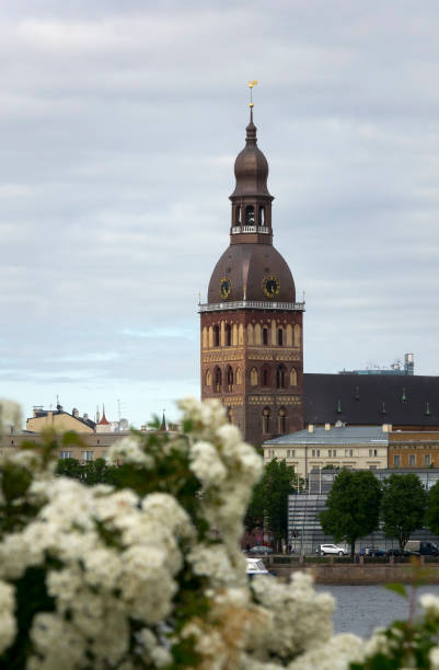 istock Riga, Latvia. View Evangelical Lutheran Riga Dome Cathedral and flowering bush foreground 1285120334