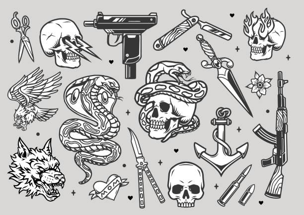 Tattoos vintage monochrome collection Tattoos vintage monochrome collection with weapon knives razor dagger bullets angry wolf head snake eagle heart anchor skulls with lightnings and flames from eye sockets isolated vector illustration uzi submachine gun stock illustrations