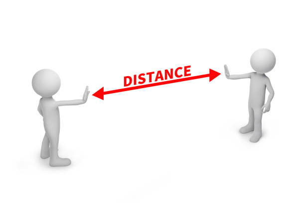 Two people standing keep distance with the word social distancing in between concept, New normal concept, People keeping distance for infection risk and disease Coronavirus. 3d rendering