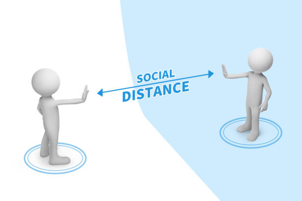 istock Two people standing keep distance with the word social distancing in between concept, New normal concept, People keeping distance for infection risk and disease Coronavirus. 3d rendering 1285125790
