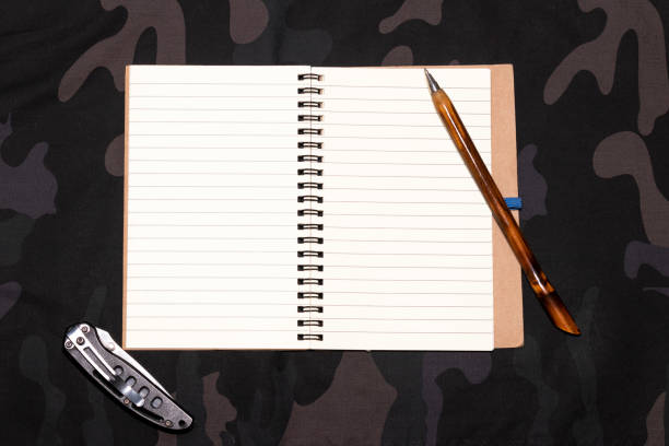 istock Hunting background. Blank notepad on a military camouflage background. Place for text. Flatly, top view 1285128749