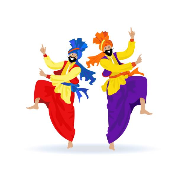 illustrazioni stock, clip art, cartoni animati e icone di tendenza di due uomini sikh barbuti felici in turbanti, vestiti colorati, ballare tradizionale bhangra danza sul festival indiano lohri, festa. illustrazione piatta cartone animato su sfondo bianco per banner, poster, carta - bhangra