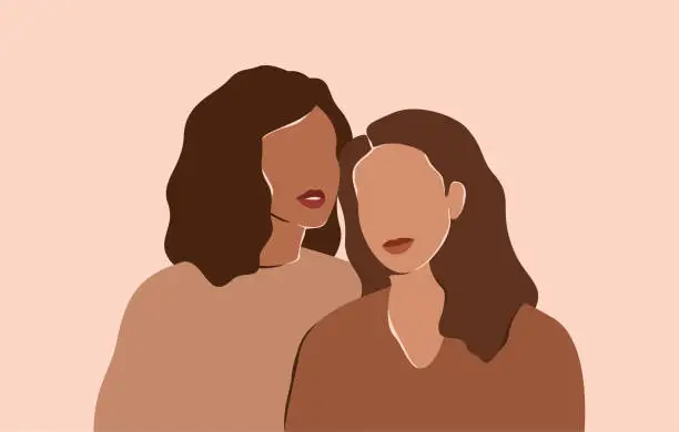 Vector illustration of Two beautiful women with different skin colors stand together. Abstract minimal portrait of two girls in earth's natural tones. Concept of sisterhood and females friendship.