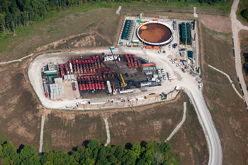 Aerial view of Natural Gas Well fracking in northwestern West Virginia in the Marcellus Shale  Formation photograph taken August 2020