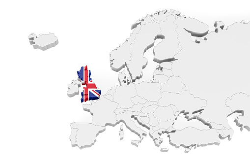 3D Europe map with marked borders - area of Great Britain marked with Great Britain flag - isolated on white background with space for text - 3D illustration