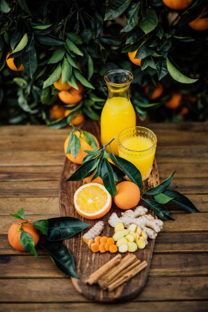 istock High angle of Turmeric and ginger root in slices with cinnamon sticks and freshly squeezed orange juice of untreated Bio oranges from the own garden 1285135884
