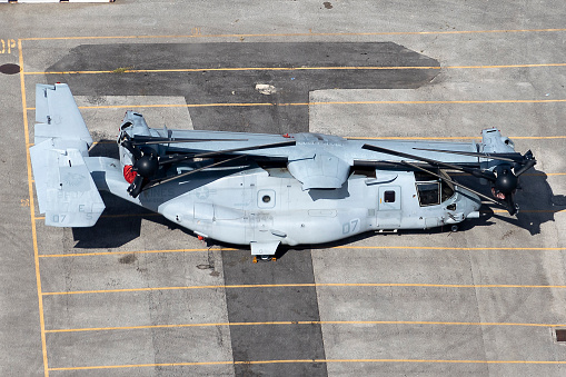 Aerial view of Bell Boeing V-22 Osprey configured for shipment port of Jaxport Jacksonville Florida photograph taken August 2020