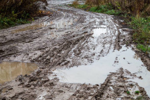 istock dirty clay mud road with tire tracks - closeup with selective focus and blur 1285137584