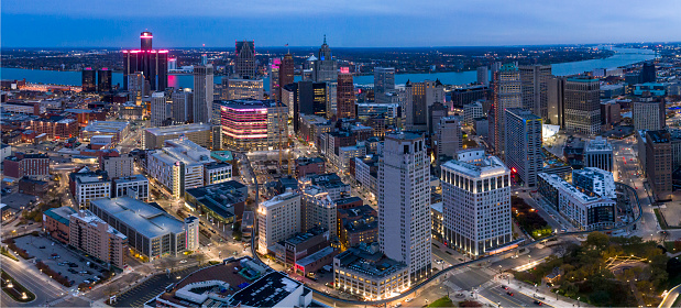 An aerial view of the skyline of the city of Detroit at dusk, Michigan in the fall of 2020